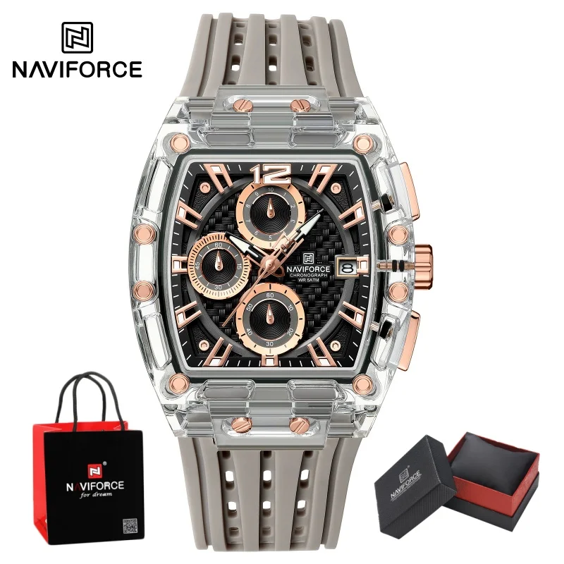 NAVIFORCE Men Quartz Chronograph Watch 50M Waterproof Luminous Soft Silicone Strap Male Sports Outdoor Daily Wristwatch Gift box