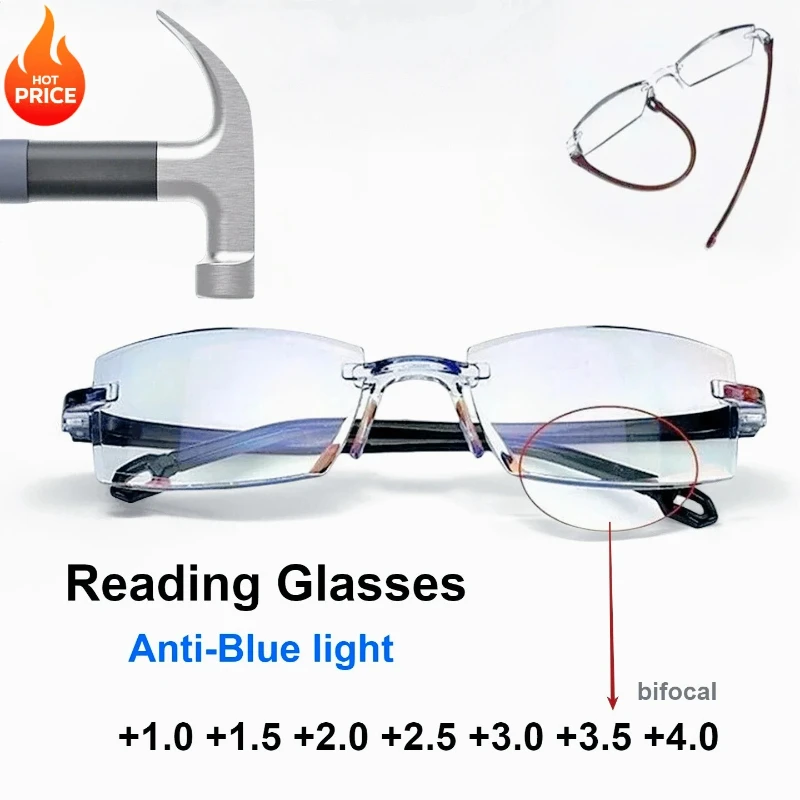 

Unisex Scratch Resistant Frameless Blue Light Blocking Bifocal Reading Glasses for Distance and Near Vision Eyeglasses