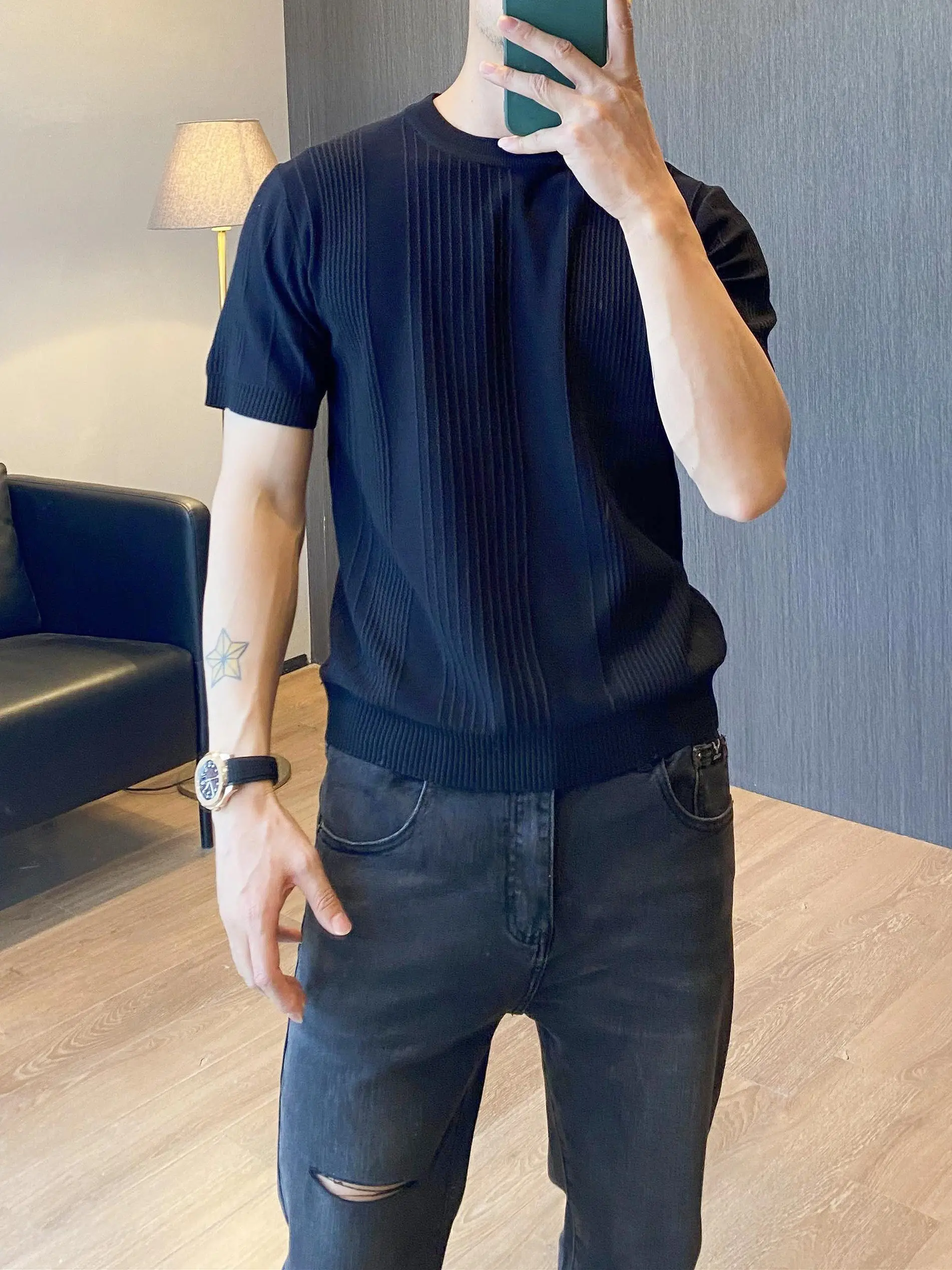 

Summer Men's Ice Silk Knitted round Ne T-irt Slim Fit ort Sve Light Faion Korean Sle Base Layer Thin M White ...