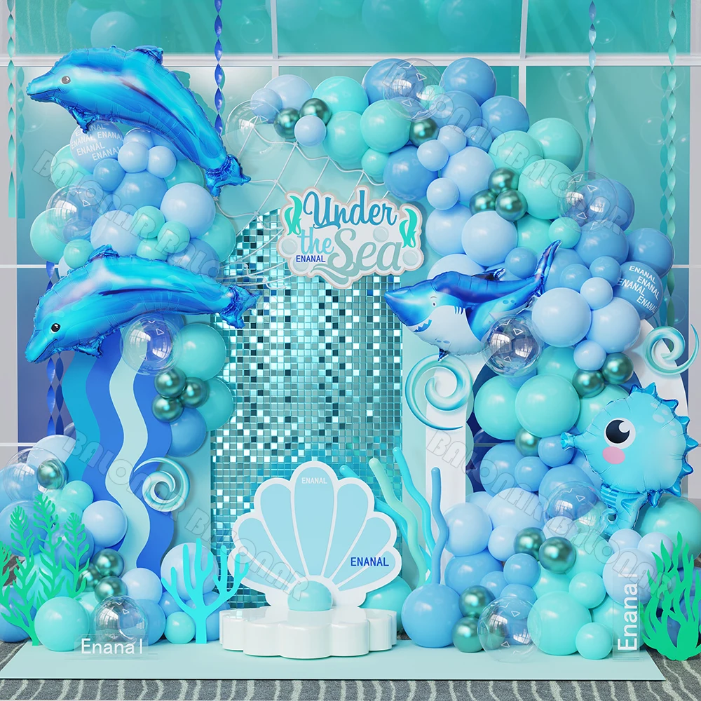 Green Blue Ocean Balloon Arch Kit BoBo Seahorse Shark Shell Mermaid Sea Animal Baby Shower Kid Girl Birthday Submarine Party