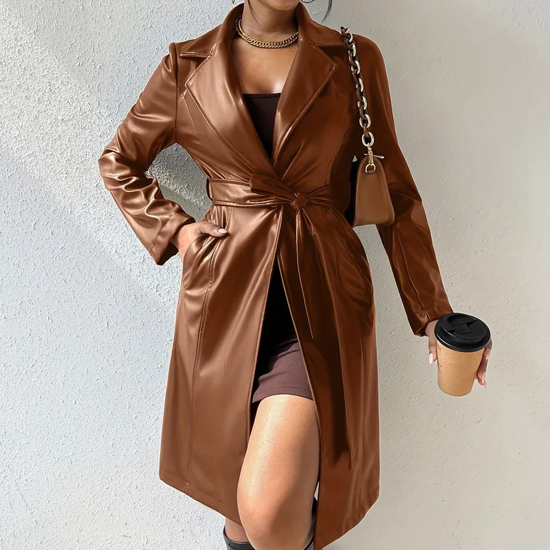 Trendy Women Vintage Going Out Belted Longline Solid Turn-Down Collar PU Leather faux leather coat Party Wear  outerwear & coats