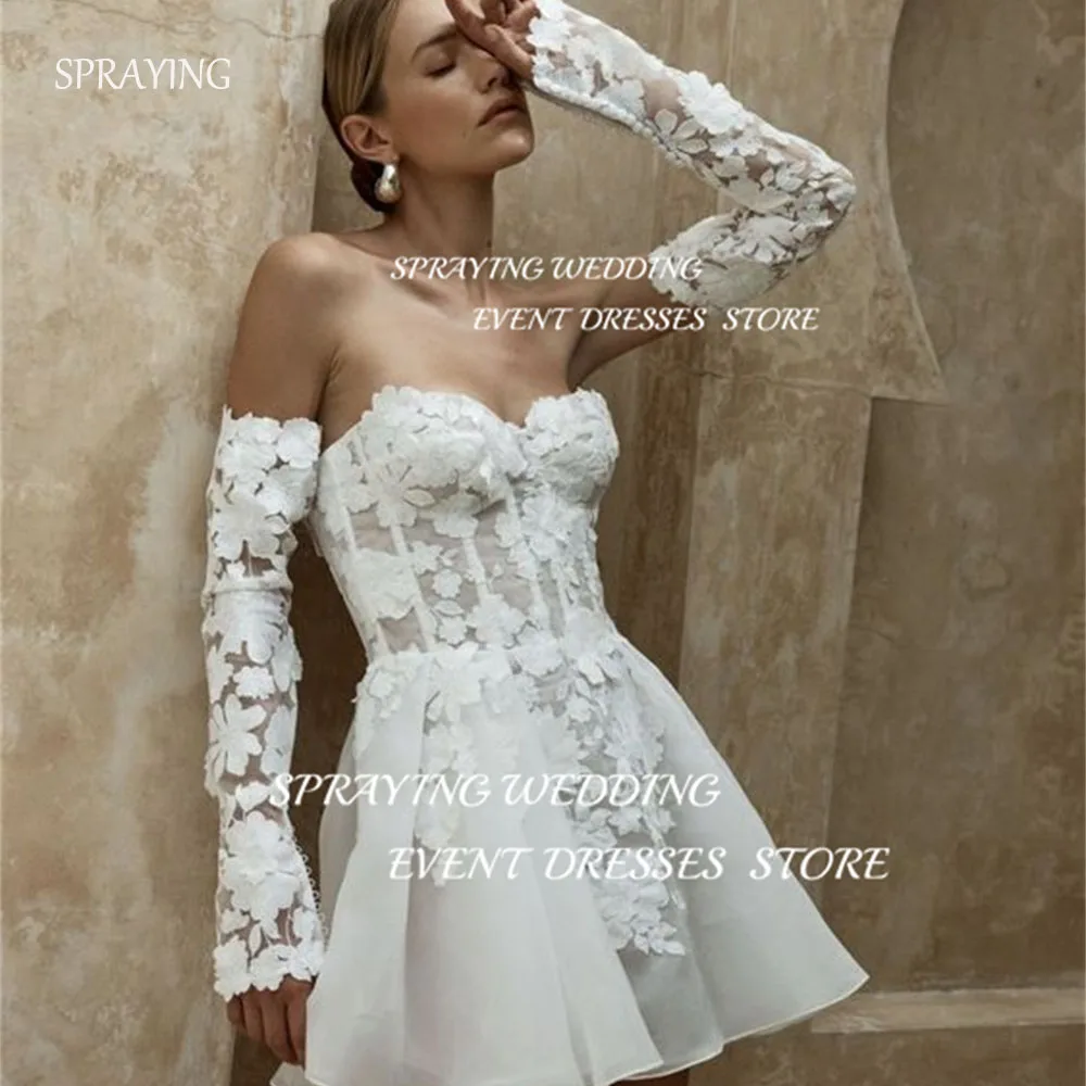 

SPRAYING Exquisite Mini Sweetheart Bridal Gown Short Wedding Dress Lace Flowers long sleeves Robe de mariage Custom Made