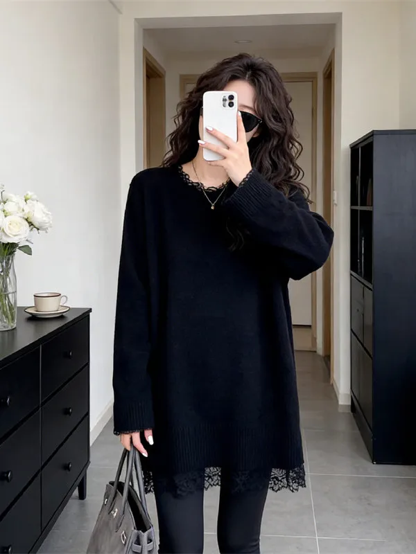 

Bla Lace Knitted Sweater Casual Loose Inner Wear Top Spring Design Sense Fake Two-Piece Long Sve round Ne Girl's irt