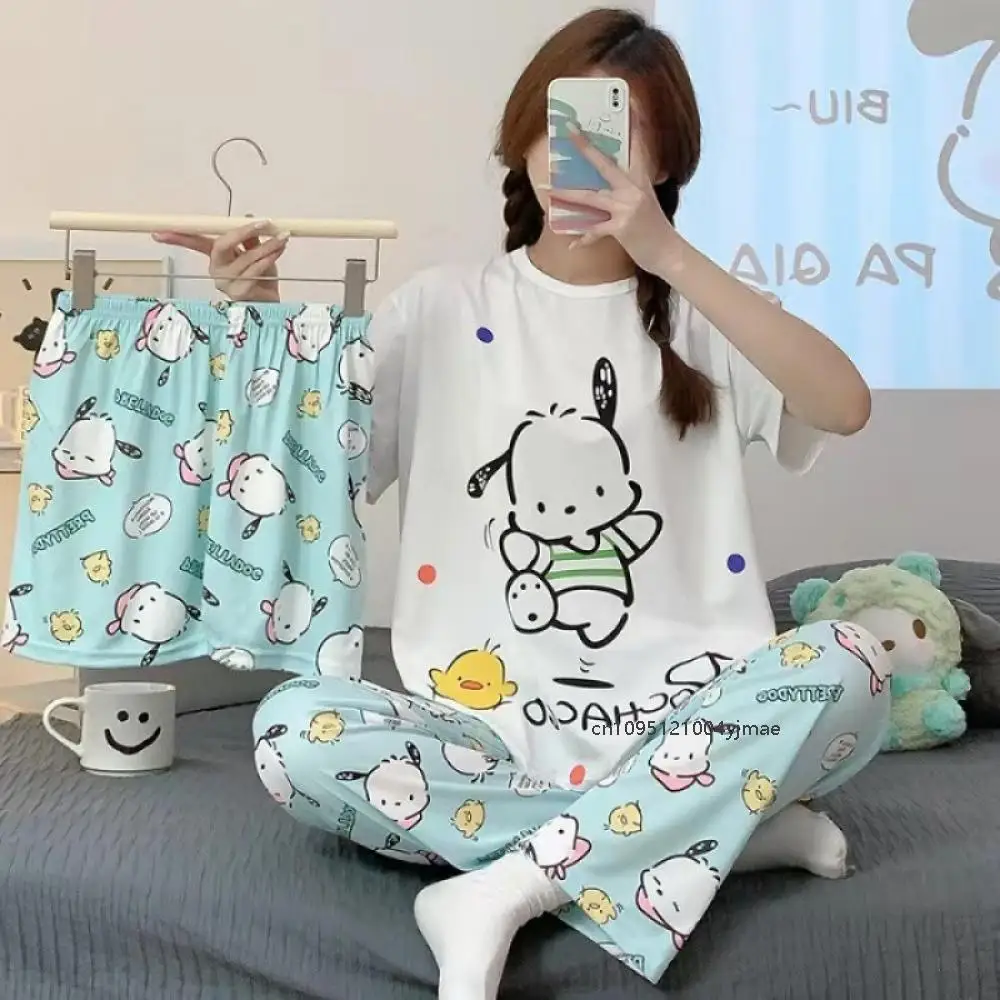 

Шелковые пижамы в стиле аниме Sanrio Pochacco, женские летние повседневные домашние брюки с короткими рукавами, домашняя одежда из трех предметов, студенческий пижамный комплект