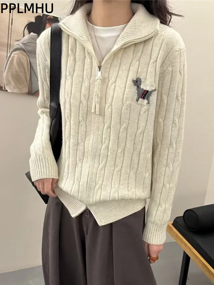 

Stand-Up Collar Embroidery Zippers Knitted Cardigans Women's Casual Baggy Lapel Sweater Soft Long Sleeved Knitwear Tops Gilet