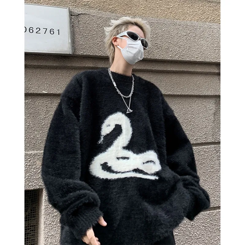

Dark snake image mohair sweater with male and female niche design OS loose high street autumn and winter mink fur knit sweater