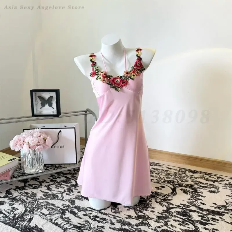 

Satin Spaghetti Straps Nightgown Summer Nightdress Embroidered Flowers Sleepwear Lady Intimate Lingerie Sexy Home Clothes Gown