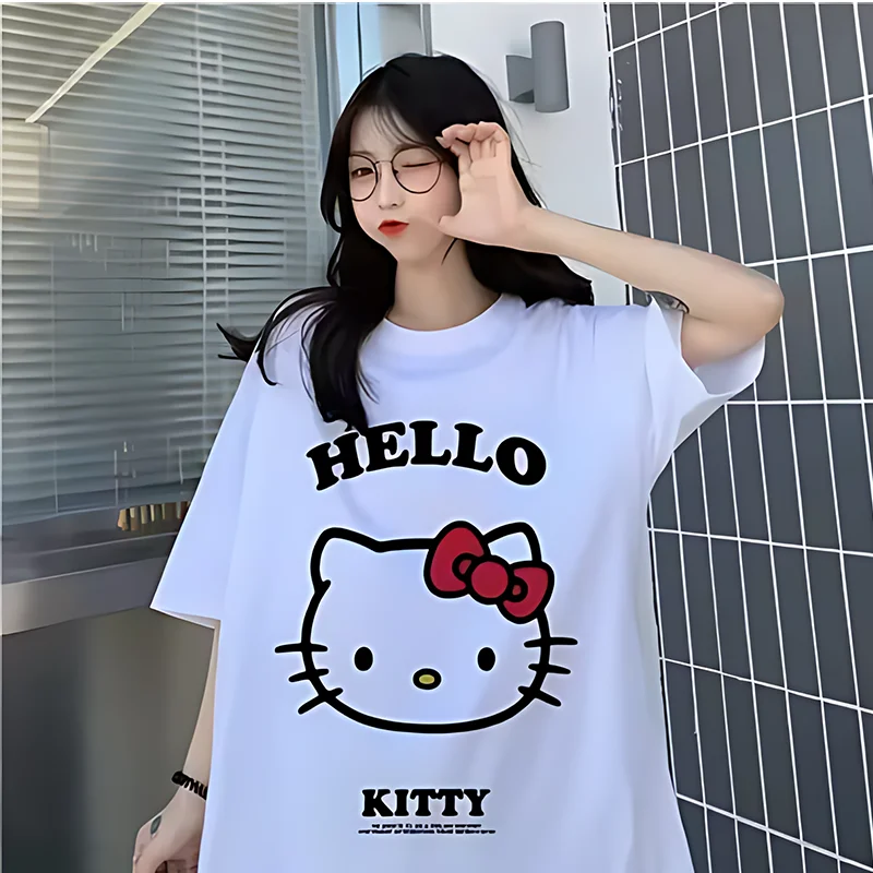 MINISO Disney Hello Kitty camiseta de manga corta para mujer aspecto de pareja adorables estampados a juego tela suave moda traje de verano amantes