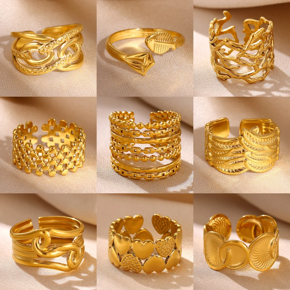 Geometrische Mehrschicht-Ringe aus Edelstahl für Damen, goldfarben, hohl, breit, offener Ring, neue Mode, Paar-Schmuck, Geschenke