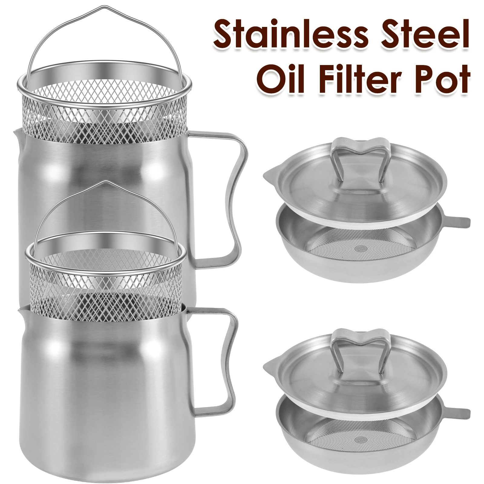 2/1.5L Oil Filter Fry Basket Oil Storage Can Pot Stainless Steel Oil Strainer Pot with Fine Mesh Strainer Grease Container Kitch