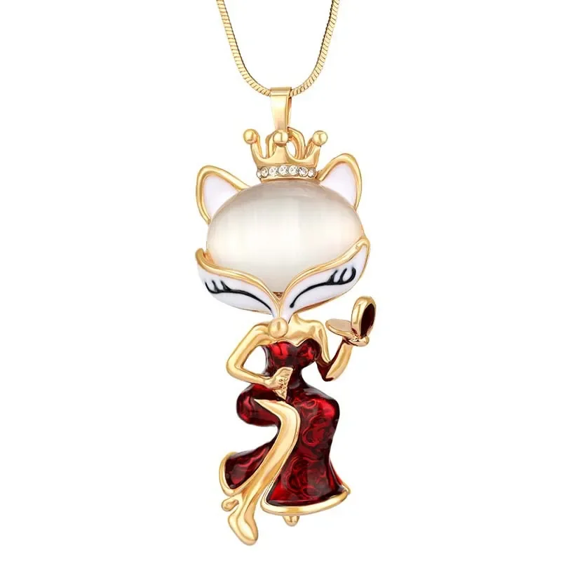 

2025 New cute red dress chain, little fox girl, fashionable pendant sweater chain necklace