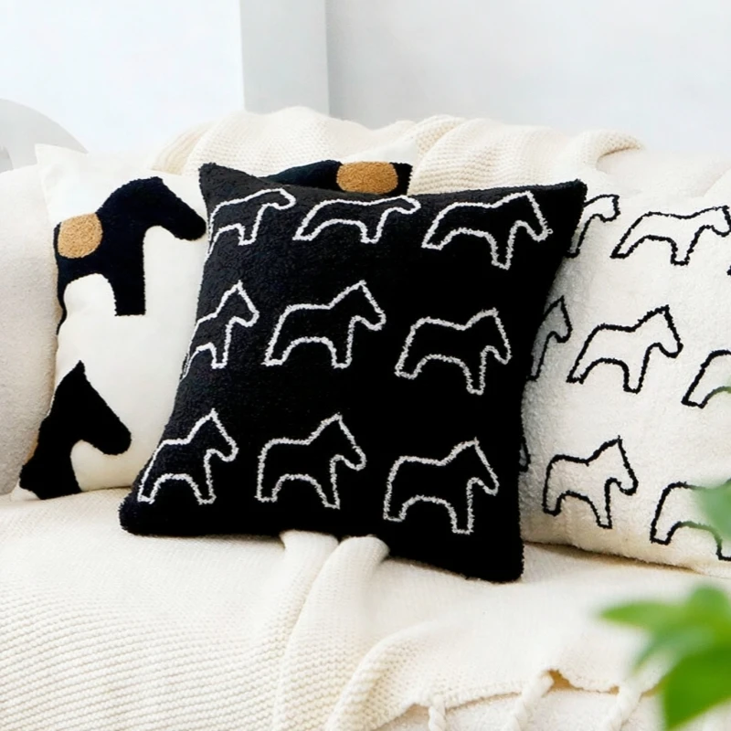 Minimalist Throw Pillow Covers 45x45cm Soft Horse Emboridery Cushion Cases for Sofa Bed Bay Window Home Decoration