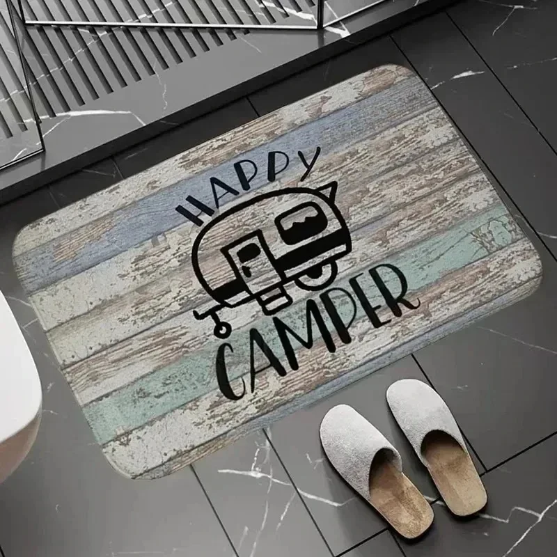 VIKAMA Camping Theme Entryway Mat White Wood Grain Background Camper Trailer Letter Pattern Waterproof Anti Slip Doormat
