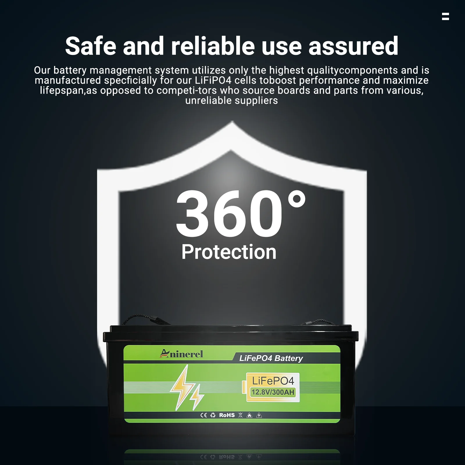 Aninerel 12V 300AH Bluetooth LiFePO4 Battery Portable Solar Storage Lithium Battery Built-in BMS 12.8V 304AH 3.84Kwh US In Stock