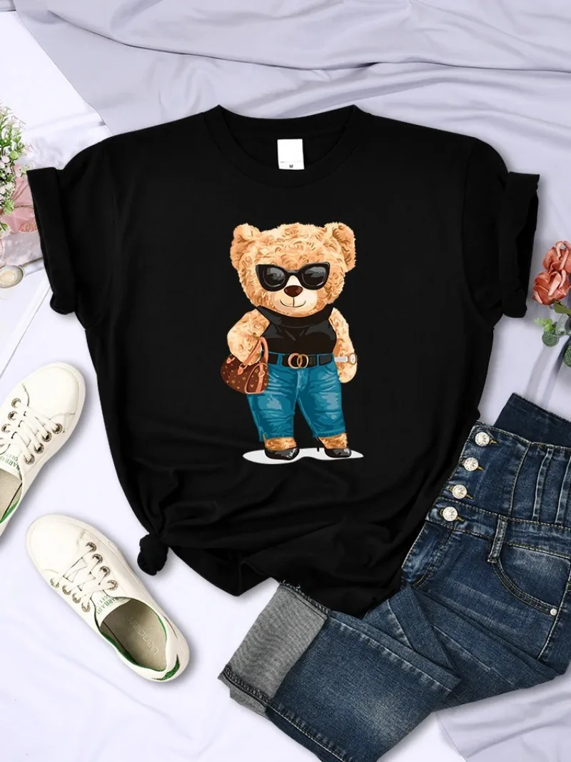 Woman T-Shirt Street Hip Hop Short Sleeves Personality Hip Hop T Shirt O-Neck Breathable Summer Tees Fashion Teddy Bear Rich