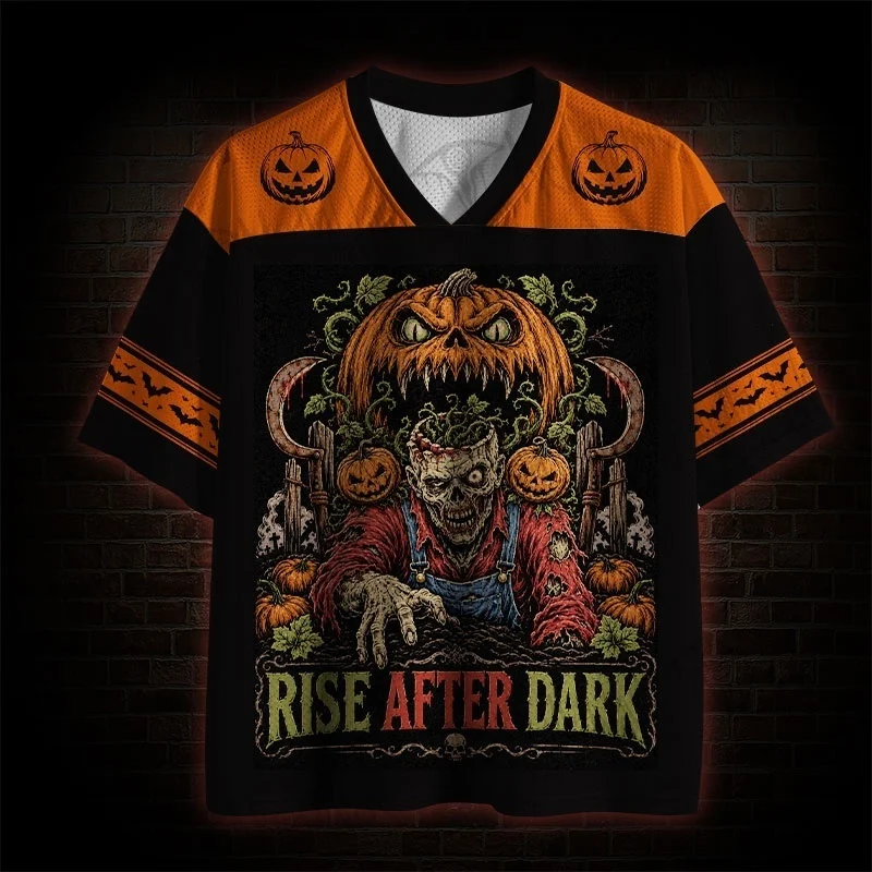 2026 New Black Zombie Pumpkin Sickle Front and Back Printed Halloween Mesh V-neck Street Jersey T-shirt for Adults and Children