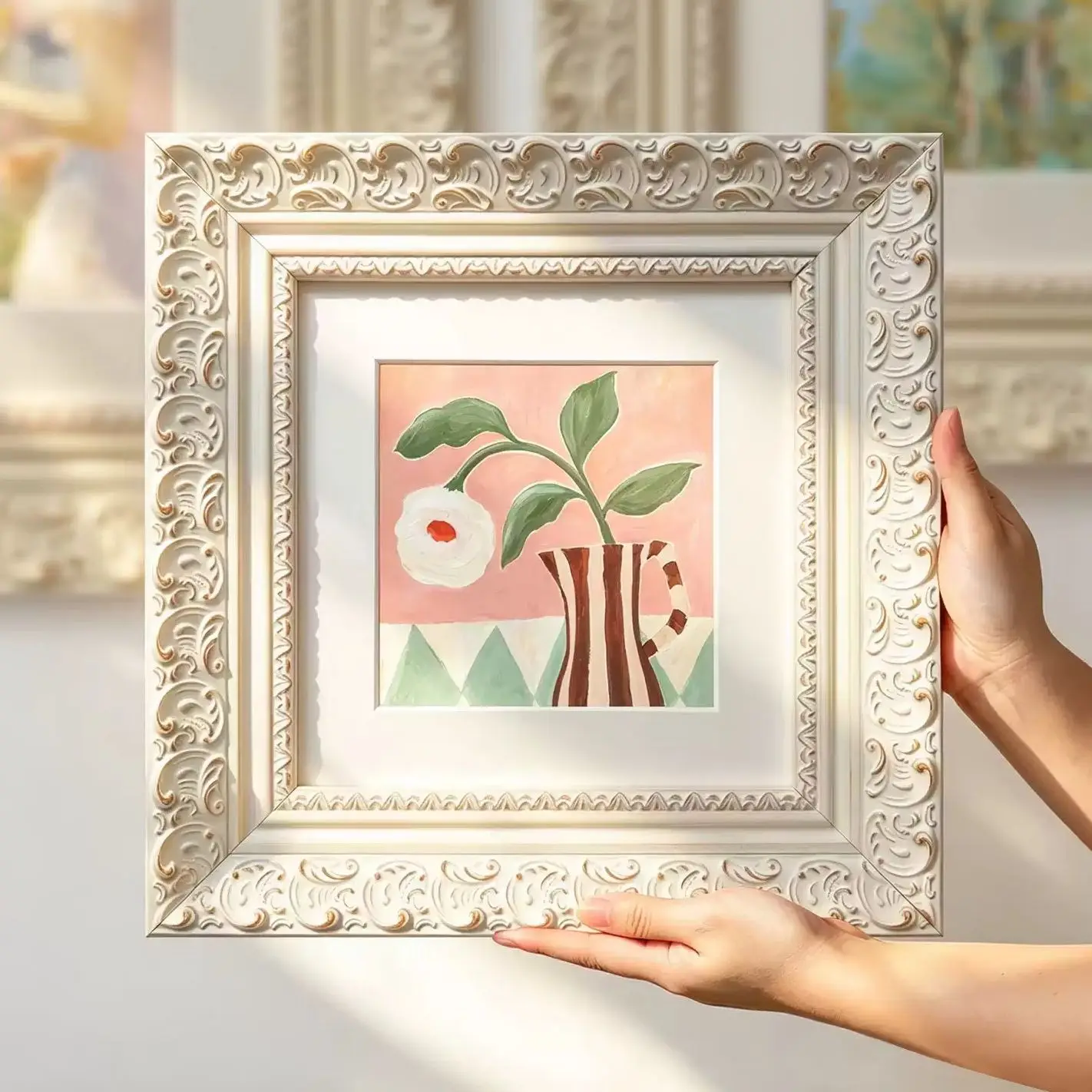 French Cream Style Ornate Solid Wood Picture Frame Ivory White Wide Border Photo Frame Vintage Art Frame for Oil Painting Wall D