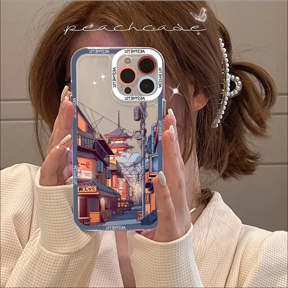 Japanese Hand Painted House Scenery Phone Case For IPhone 11 12 13 14 Mini Pro Max XR X XS TPU Clear Case For 8 7 6 Plus SE