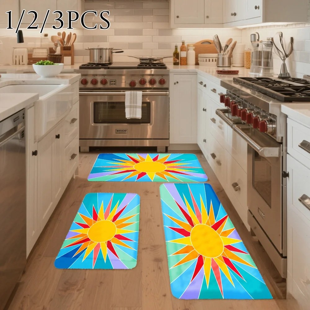 3PCS Kitchen Rugs,Home Decoration for Front Door, Kitchen, Sunburst Pattern With Bright Colors And Radiant Design Dining Mat