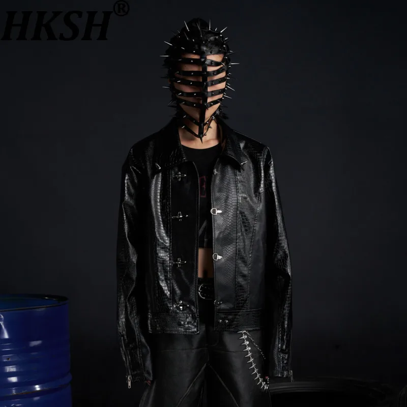 

HKSH Spring Autumn New Men Tide Dark Punk Leather Skin Jacket Metallic Texture Outerwear Techwear Fashion Chic Ins Coats HK14559
