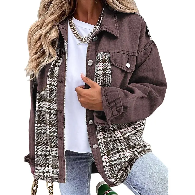 

AUAU-Женская негабаритная повседневная джинсовая куртка-бойфренд в клетку с длинными рукавами и карманами