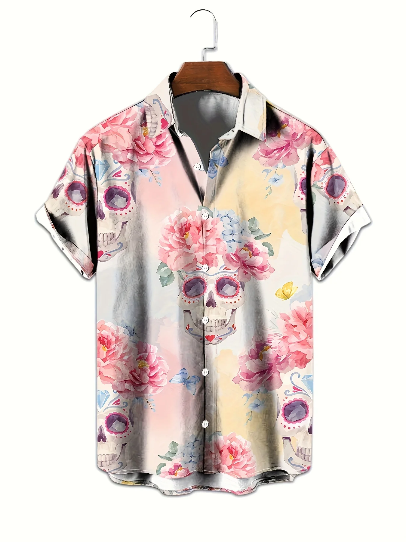 Camicia stampata in 3D con teschio colorato Street Hip Hop Personalità della moda Top casual da uomo Camicia hawaiana a maniche corte allentata estiva