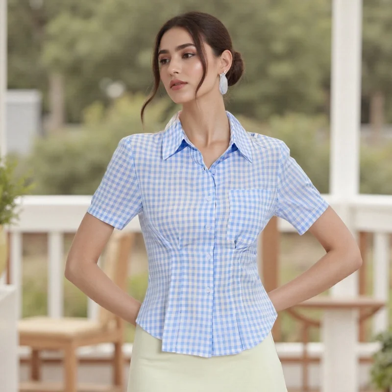 

GuliriFei Women Button down Shirt Casual Striped/Plaid Print Short Sleeve Tops Blouse for Streetwear Aesthetic Clothes