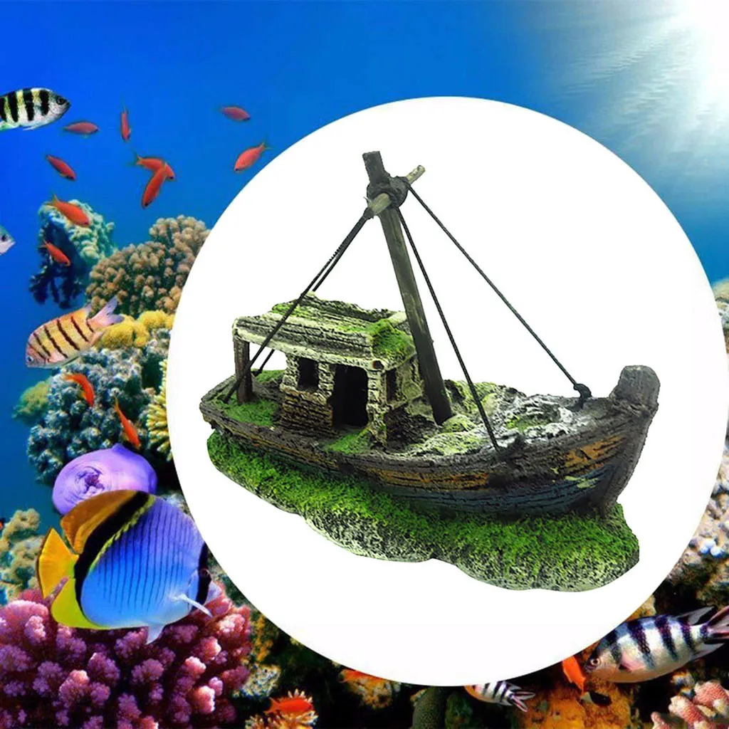 Aquarium Ornament Artificial Plants Grass Seaweed Pirate Wreck Ship Rockery Luminous Stone Fish Tank Landscape Decor Accessories