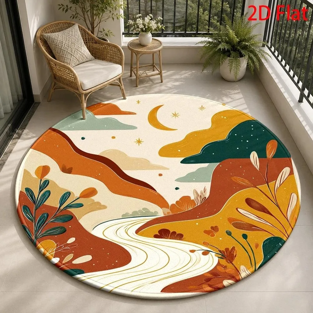 Boho Abstract Mountain River Round Rug Mid‑Century Terracotta Landscape Texture Print Circular Floor Mat for Living Room