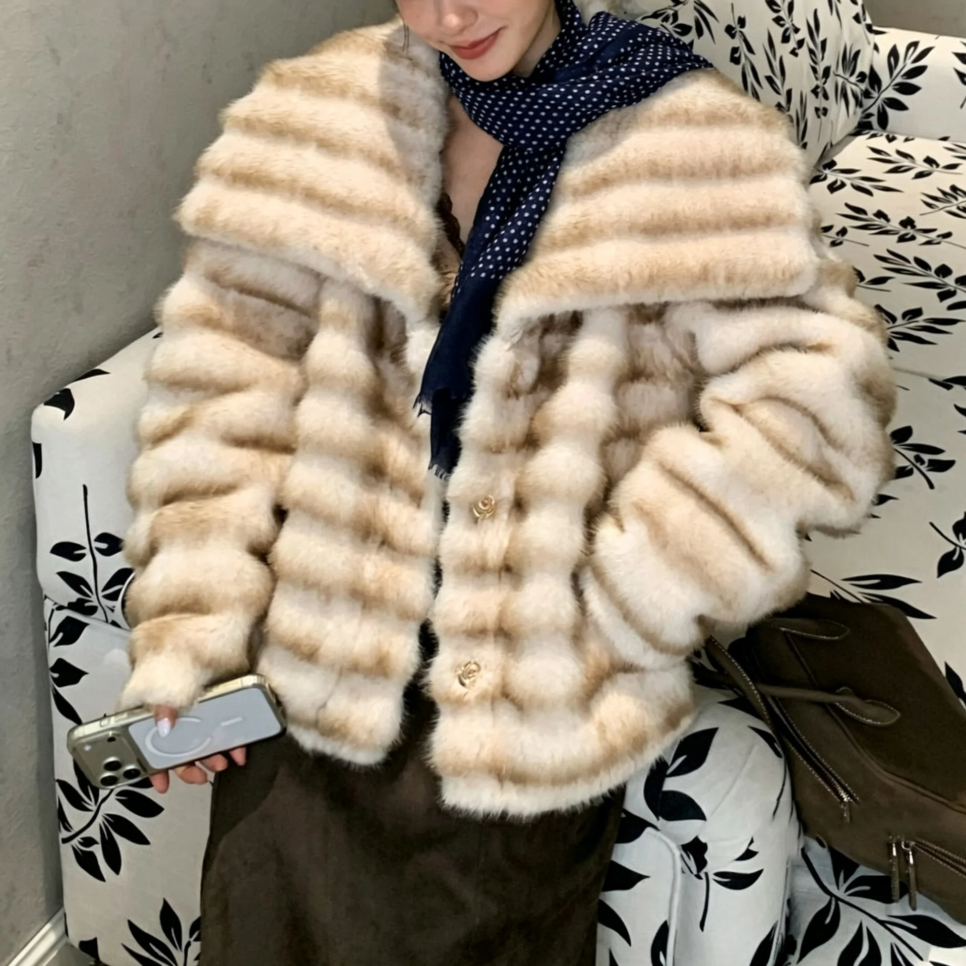 RU Women Faux Fur Short Jacket Large Lapel Striped Plush Coat Single Breasted Warm Outerwear For Party Outfits