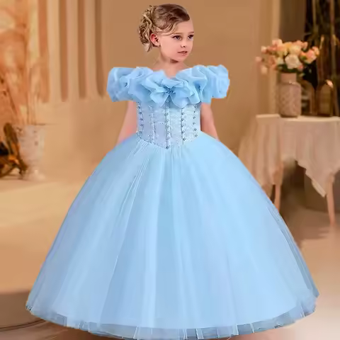 3-12 Year Old One Shoulder Wedding Dress Elegant Girl Evening Dress Embroidered Mesh Birthday Party Girl Princess Dress