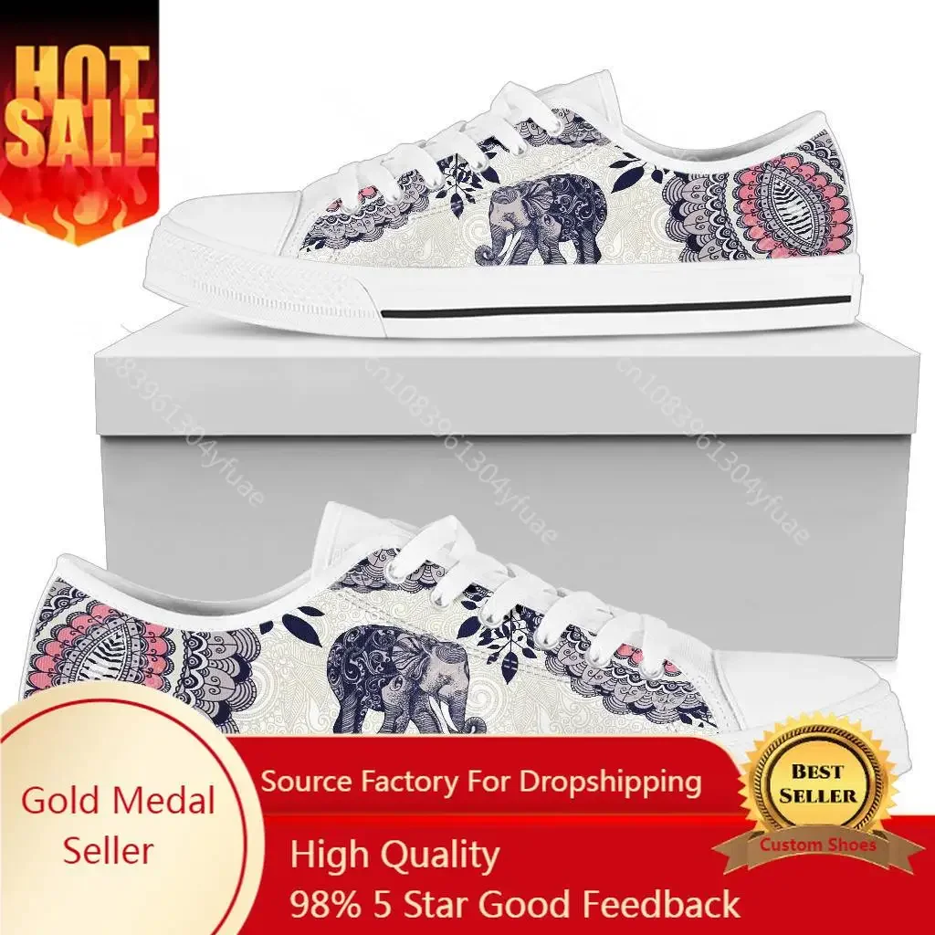 Canvas Sneakers Women Fashion Low-top Mandala Elephant Prints Lace-up Vulcanized Flats Female Canvas Shoes Big Size 45 46