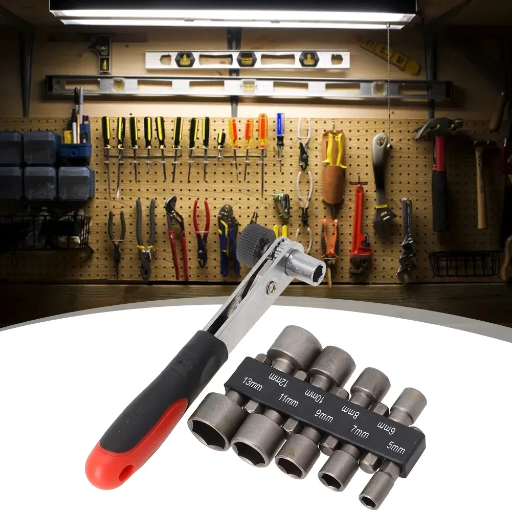 Ratchet Wrench Set with 1 x 1/4 Inch Socket Wrench and 9 Drill Bit Adapters for 5 6 7 8 9 10 11 12 13mm Socket and Bit Mounting
