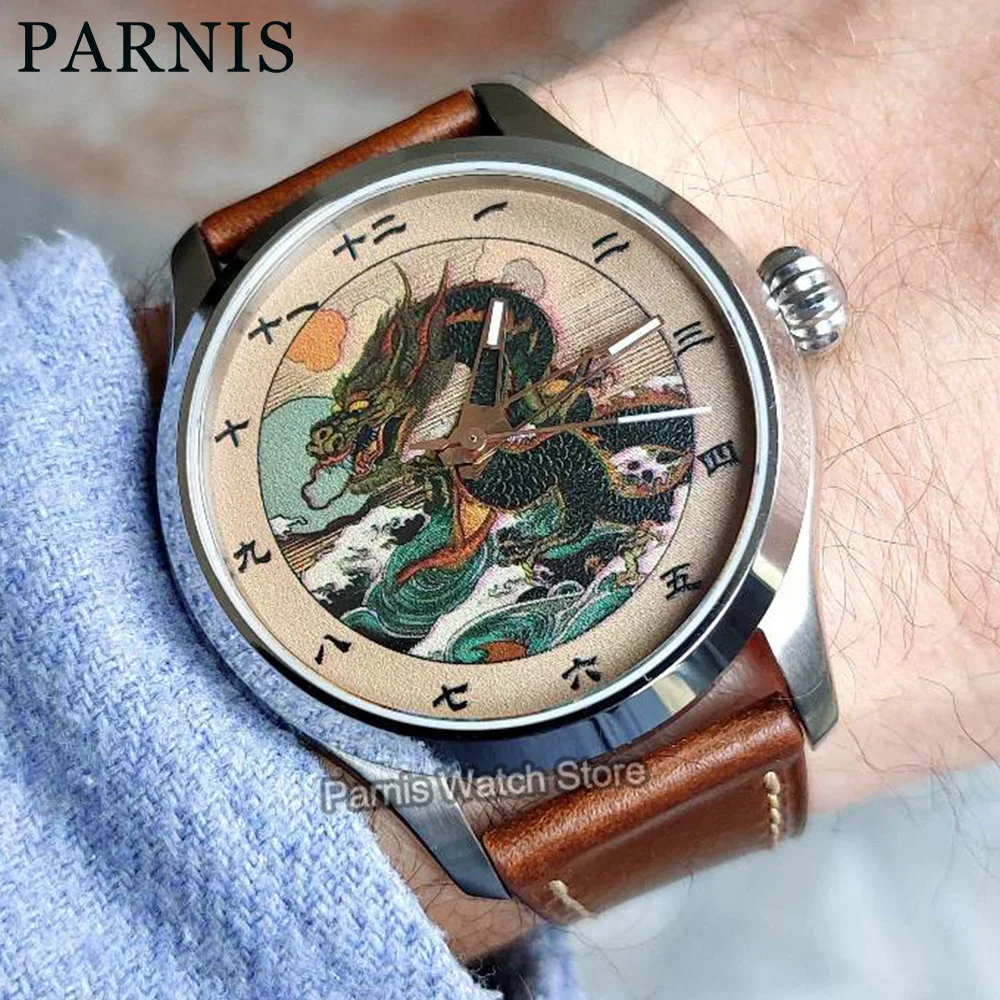 42mm Parnis Automatic Movement Men\'s Casual Wristwatch Sapphire Crystal Dragon Drawing Custom Made Dial