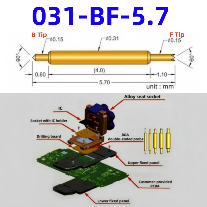 

100pcs Double-ended Test Needle Test Probe BGA Semiconductor Probe 031-BF-5.7L Telescopic Spring Test Pin 5.7 Pogo Pin