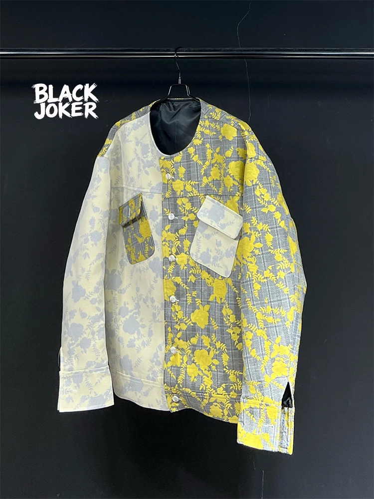 BLACK JOKER Original Design New Style High-grade Plaid Floral Crewneck Jacket Burned Flower Color-matching Top unisex tops