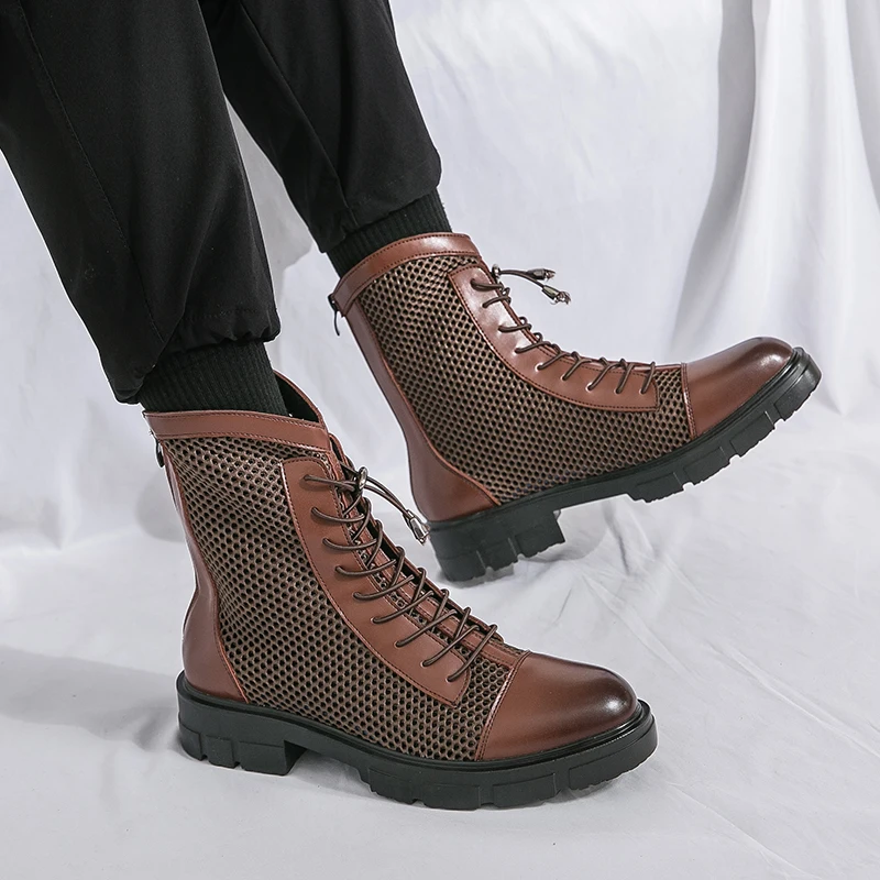 العصرية عالية أعلى الرجال الأحذية مع بو الربط جوفاء خارج الدانتيل يصل تنفس مريحة كعب منخفض المألوف جولة تو الرجال الأحذية #5