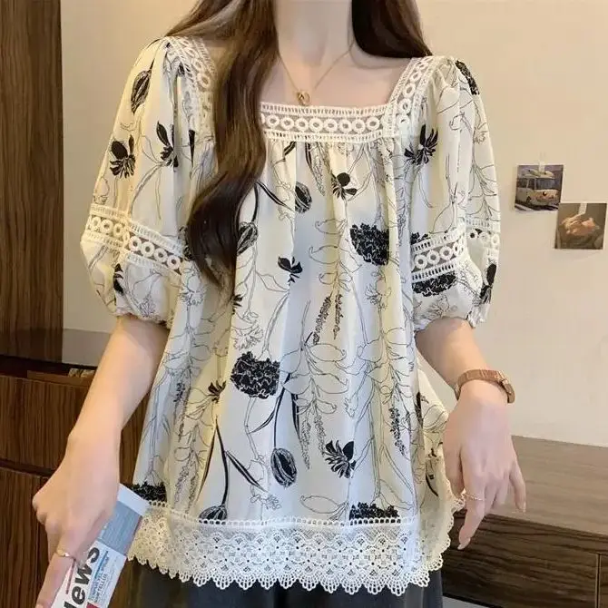 

Fashion Puff Sleeve Square Collar Spliced Folds Printed Lace Blouses 2024 Summer New Be All-Match Clothing Loose Sweet Shirts