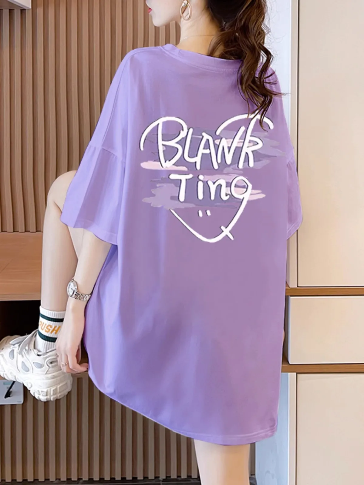 Chubby Girl Design Sense Purple Short sleeve Women T-shirt Summer Oversize Plus size Loose Cotton Retro Half Sleeve Ins Top