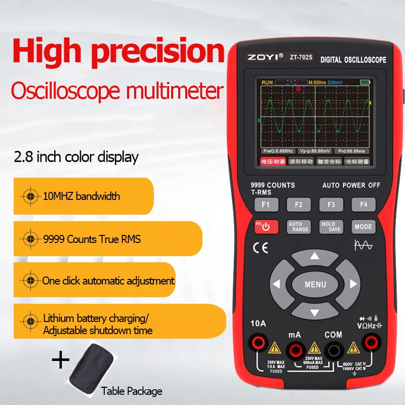 ZT702S 2 In 1 Handheld Digital Oscilloscope Multimeter 2.8-inch Color Screen 48M/S 10MHZ PC Waveform Data Storage Oscilloscope