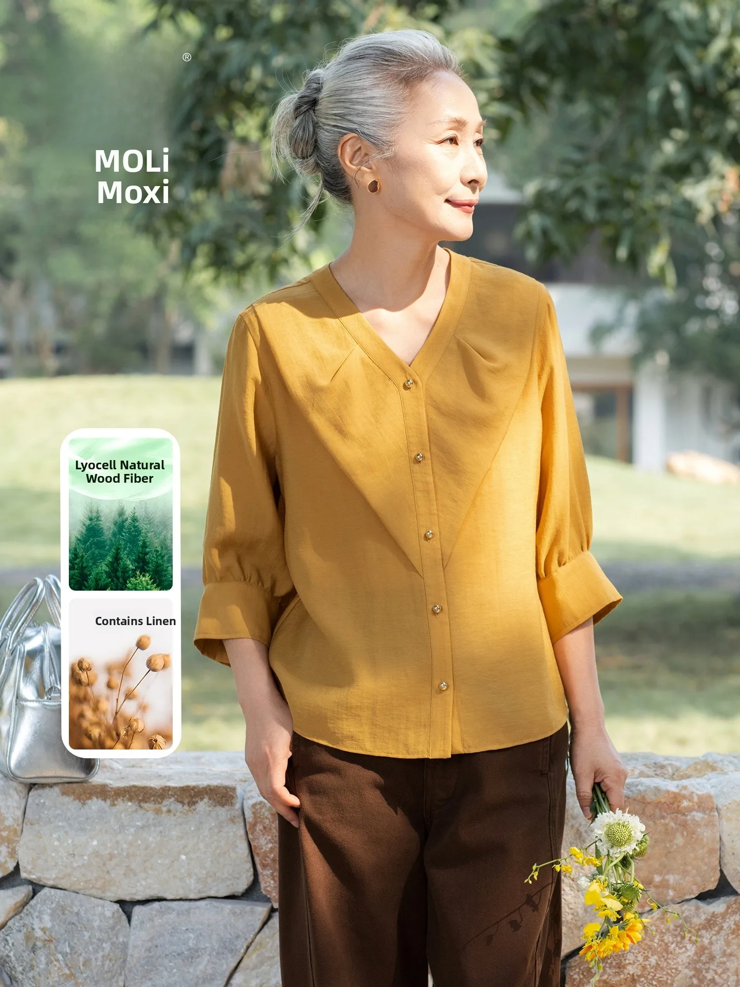 

Muzhi Linen Rayon Short Sleeve T-Shirt for Middle-Aged Women Summer Fashion Casual Loose Fit round Neck Button down Shirt