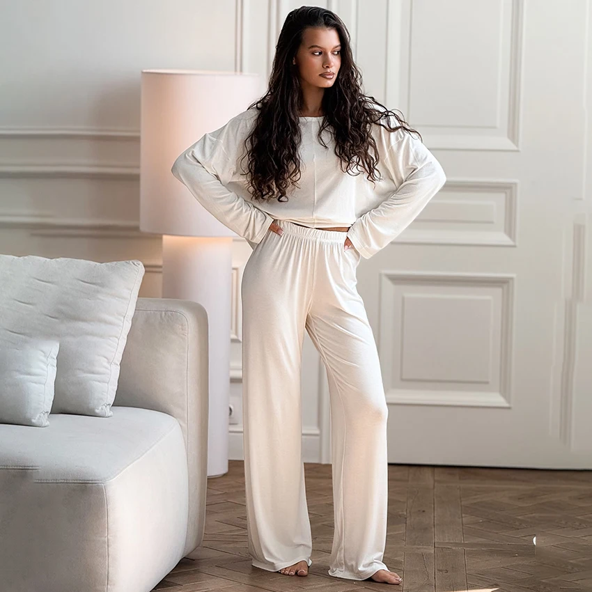 

HiLoc Осенние повседневные свободные брюки, пижамы, домашние футболки с длинными рукавами и длинными широкими брюками, модная одежда из 2 предметов, 2025 г.