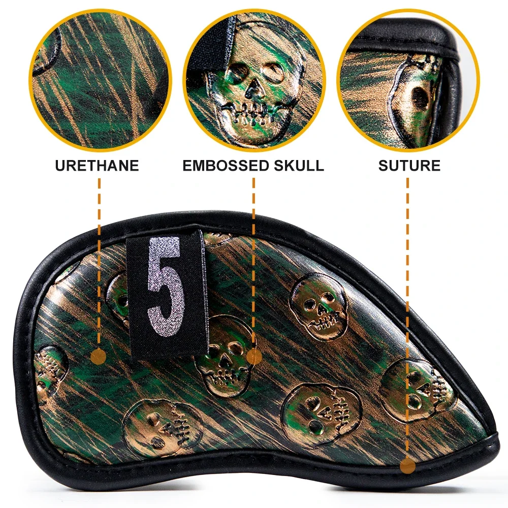 12x Skull Golf Iron Headcover  Anti-Scratch Irons Guard Golf Club Head Coversiron Protectors Skull Embroidery PU Waterproof