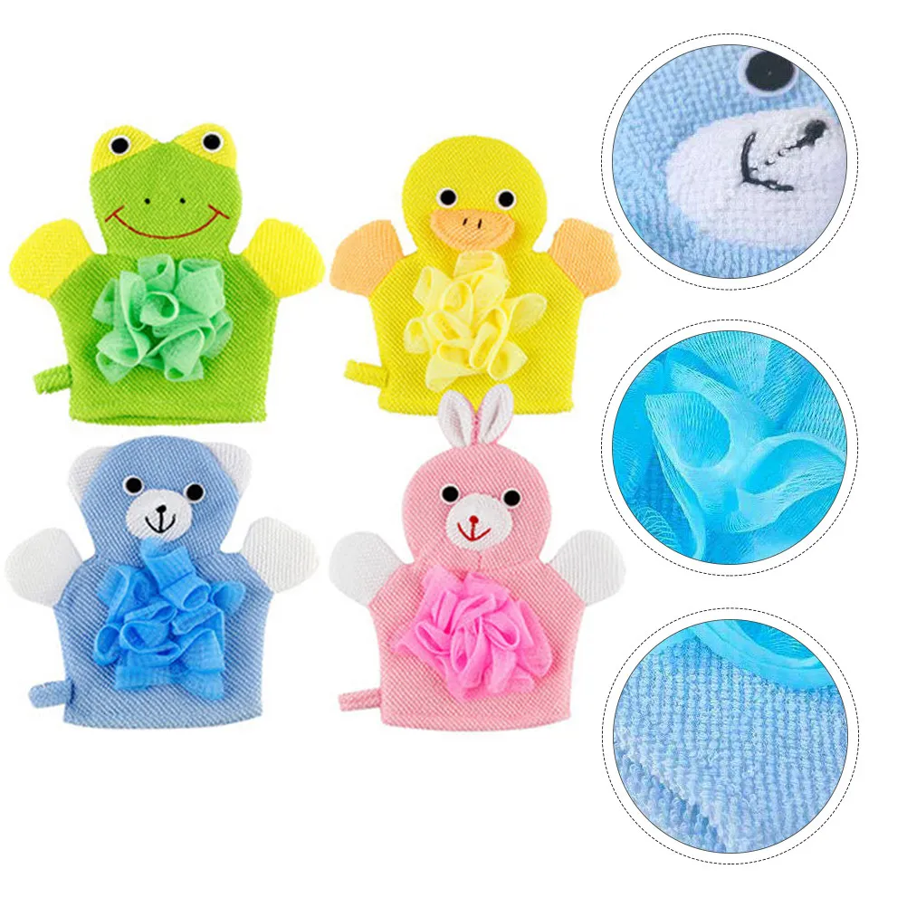 

4Pcs Kids Exfoliating Bath Gloves Soft Skin Safe Cartoon Design Body Scrubber for Children Shower Cleaning Tool Set