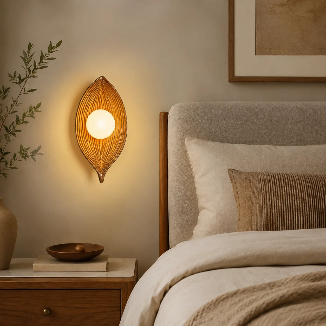 JOYINLED 11.8-Inch Wood Grain Resin Foliage Wall Lamp Vintage Leaf Wall Sconce with Globe Shade Retro Mid Century Accent Light