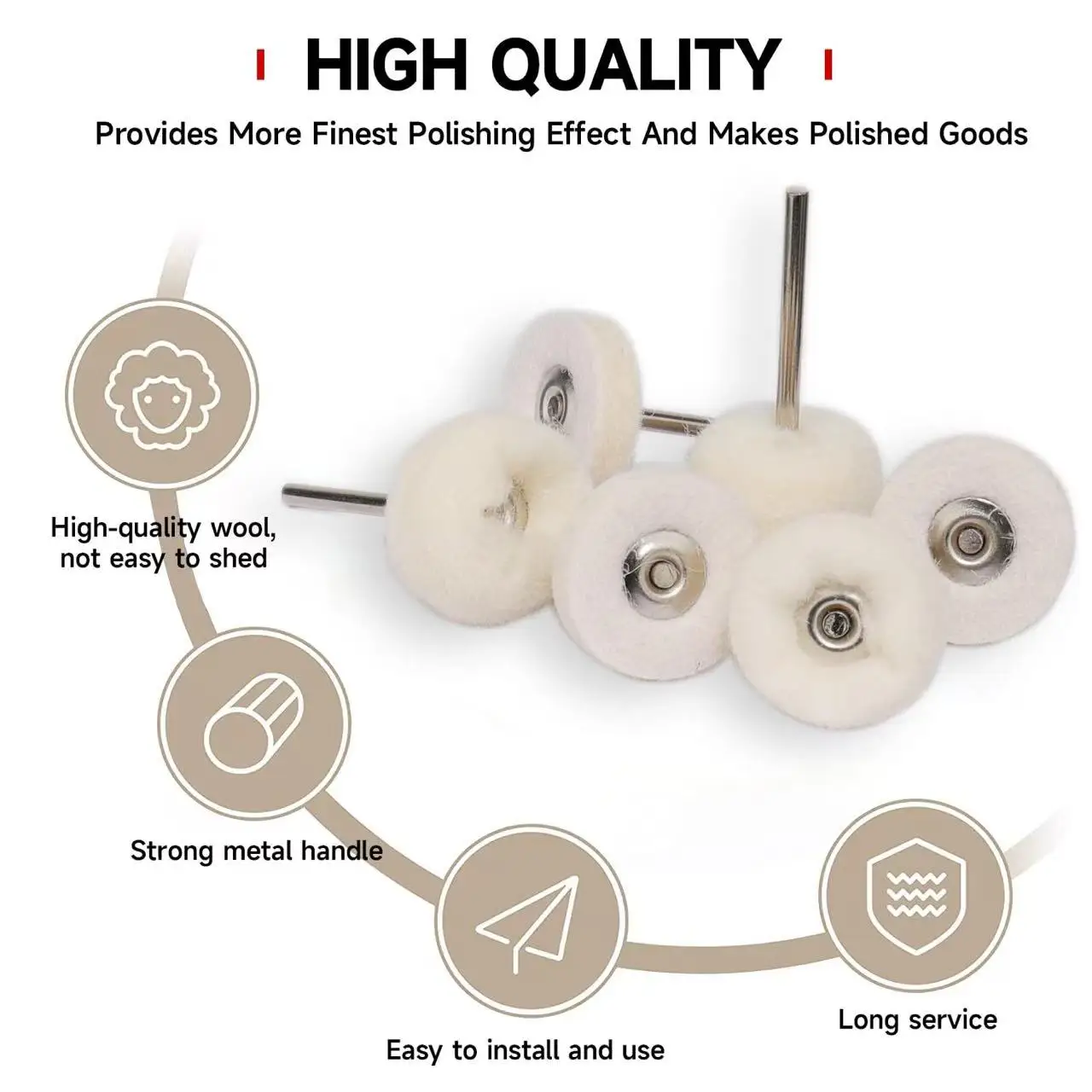 50 Pcs 1 Inch Felt Polishing Wheel Set for Dremel Tool, 1/8" Shank Buffing Kit, 25 Flat & 25 Spherical for Jewelry Metal Wood view 4
