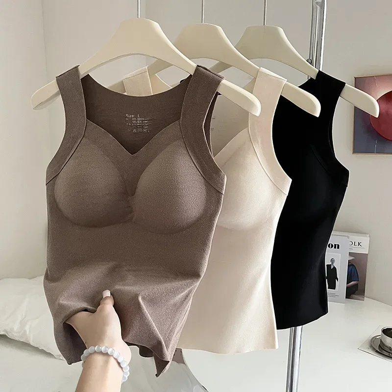 Autumn and Winter German Velvet Thermal Vest with Chest Pad Underwear Slim Outer Wear Bottoming Brushed Sleeveless Top for Women