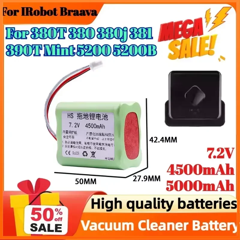 

7.2V 4500mAh 5000mAh Li-ion Battery for IRobot Braava 380T 380 380j 381 390T Mint 5200 5200B 5200C Vacuum Cleaner Battery