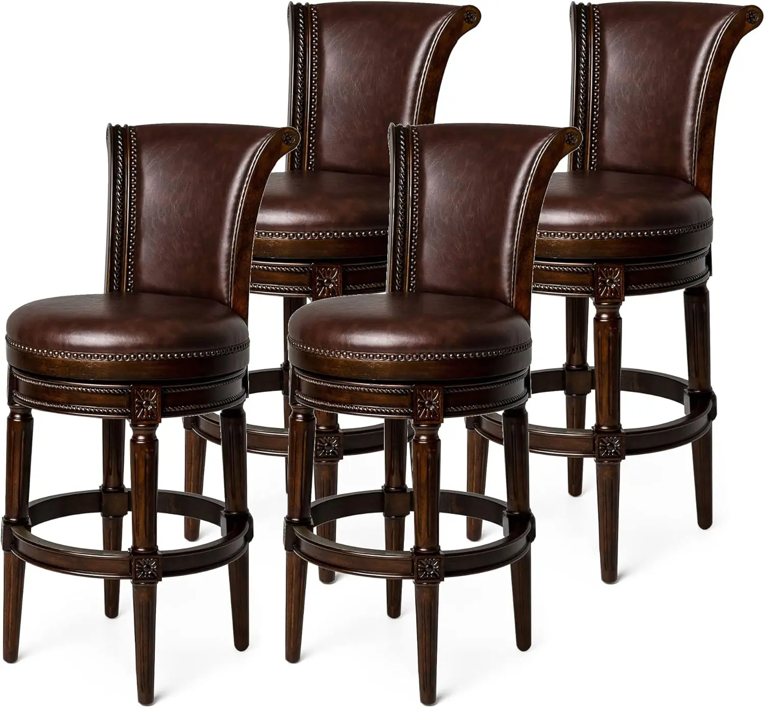 Pullman 31 Inch Tall Bar Height Upholstered Barstool with Back Dark Walnut Finish with Vintage Brown Vegan Leather Cushion Seat