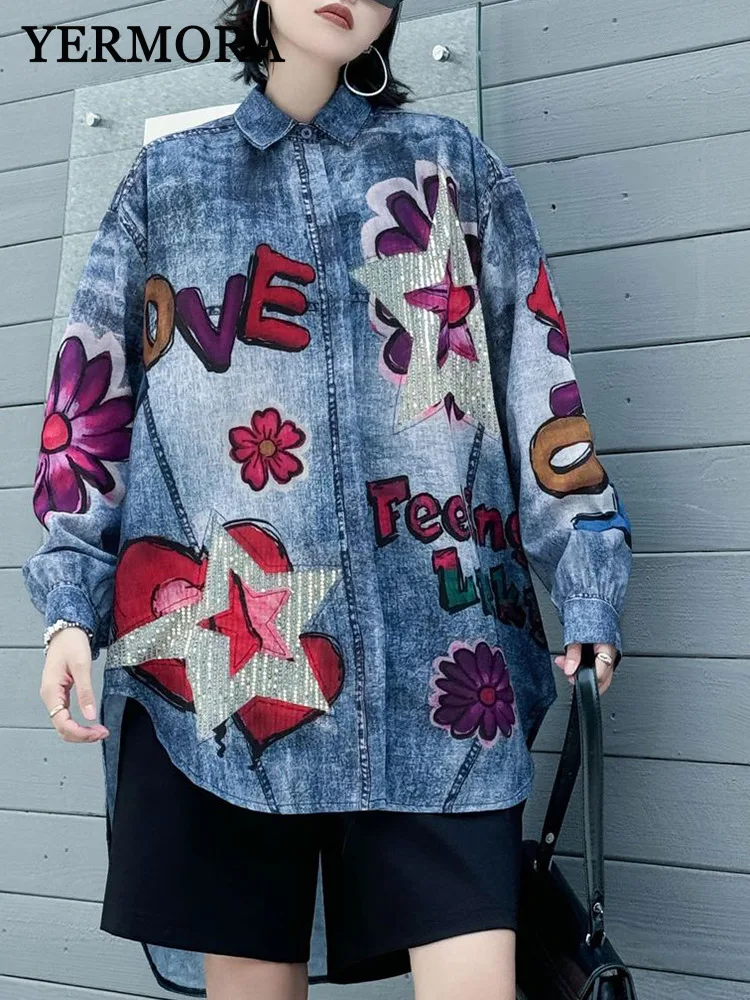 

YERMORA Blue Tie-dye Printing Splice Sequins Big Sie Blouse For Women Lapel Long Sleeve Loose New Shirt Spring Summer 2025